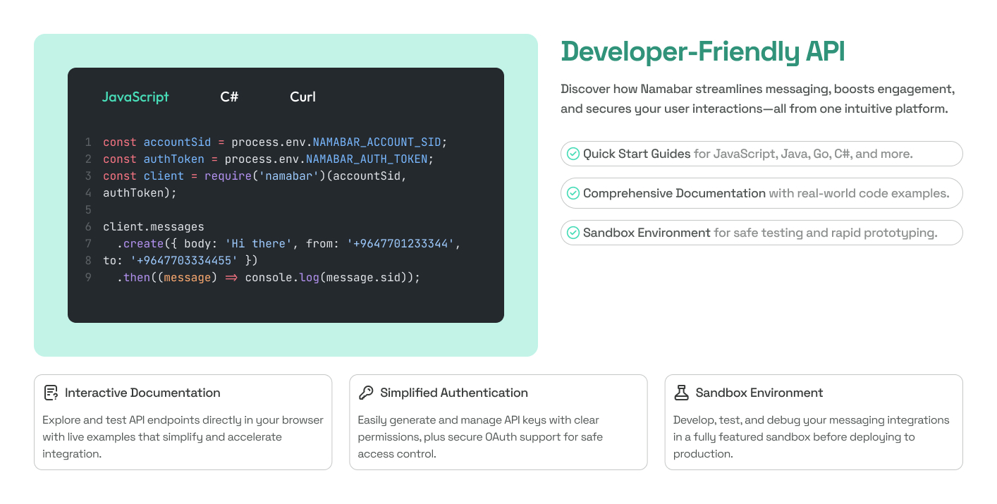 Namabar Developer-Friendly API section
