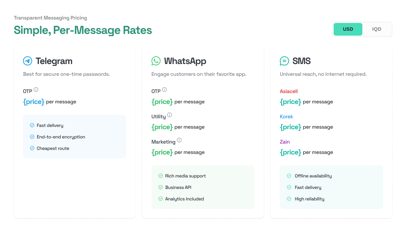 Namabar simple per-message rates section