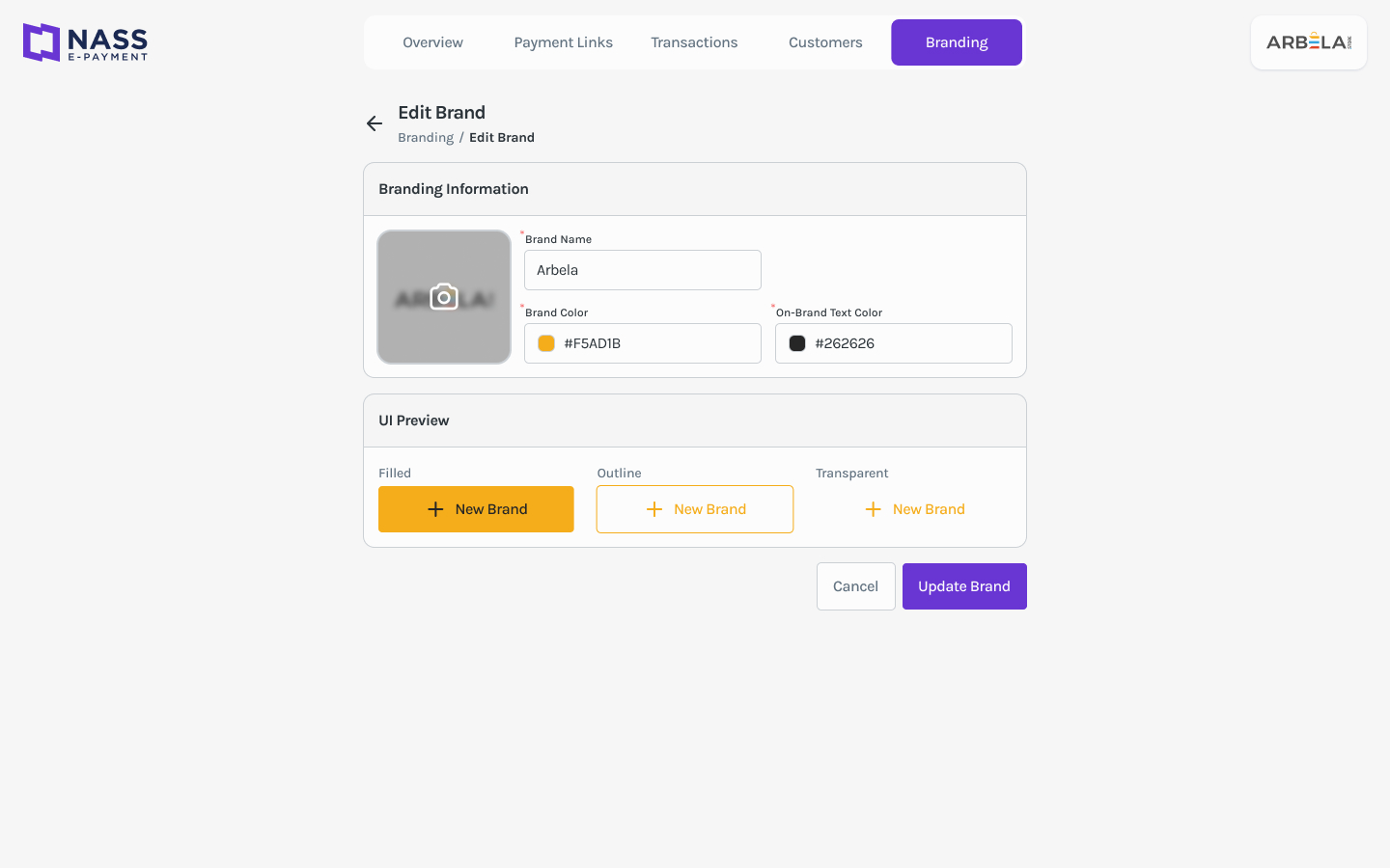 Pay-by-Link merchant brand editor