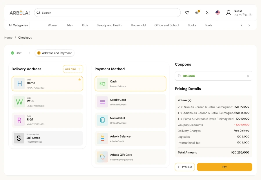 Address and payment step