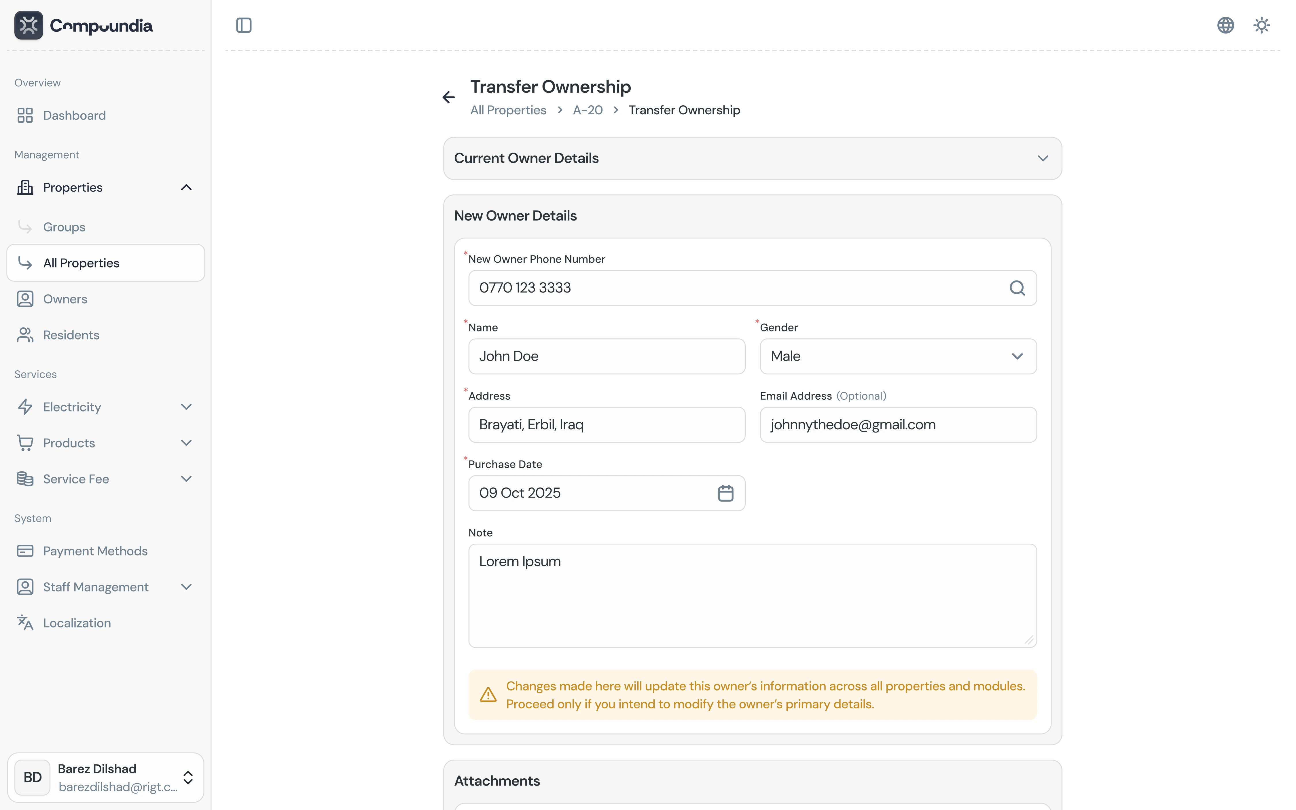 Transfer ownership flow in Compoundia